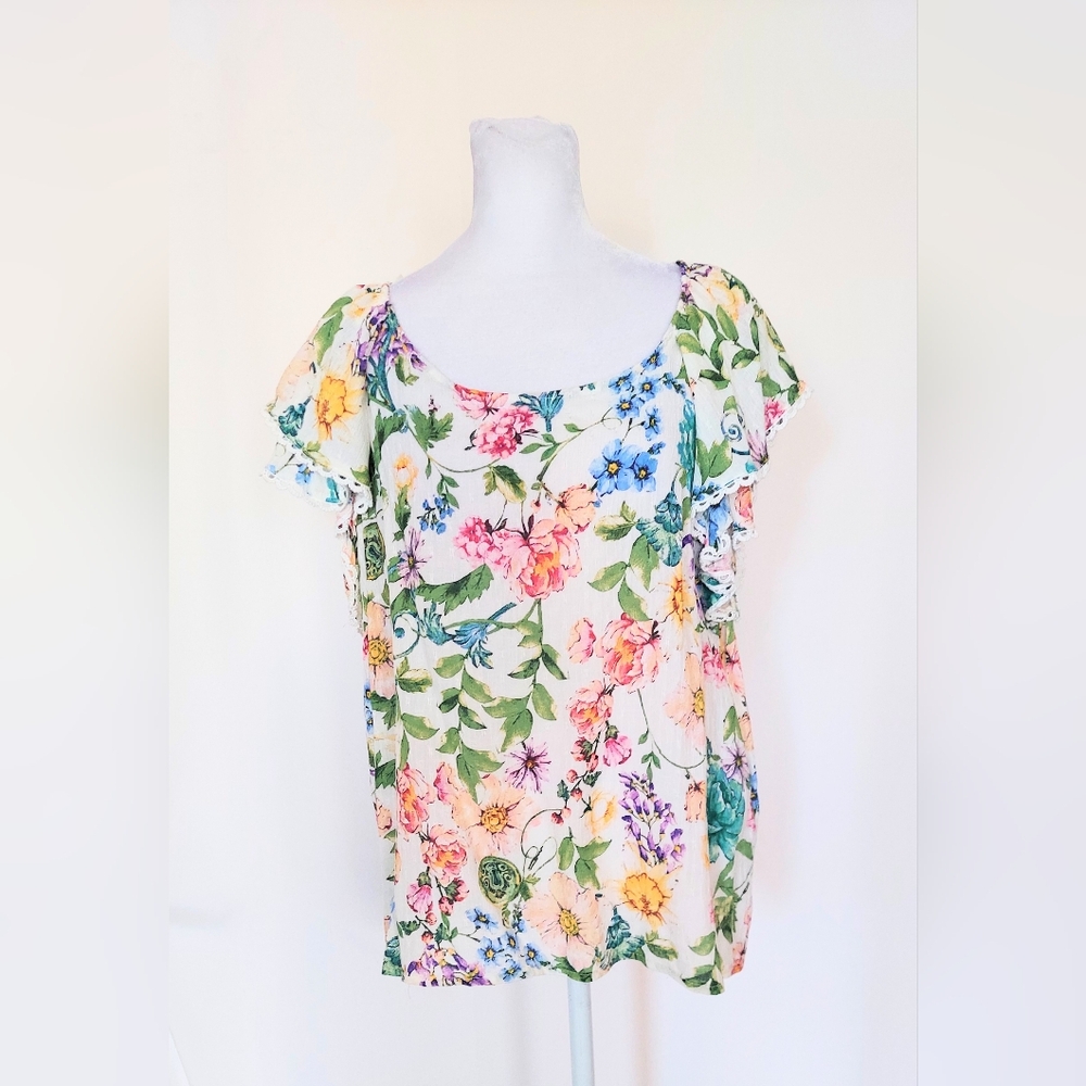 Rachel Zoe Lace Trim Floral Flutter Sleeve Top Shirt Pink Blue White Size XL